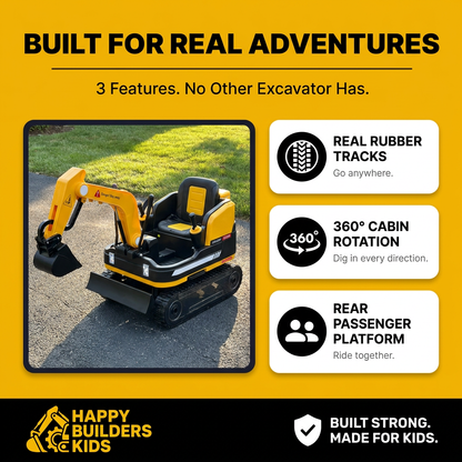 Kids Ride-On Excavator — Real Tracks, 360° Rotation, Rear Passenger Platform