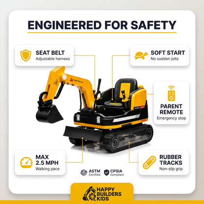 Kids Ride-On Excavator — Real Tracks, 360° Rotation, Rear Passenger Platform