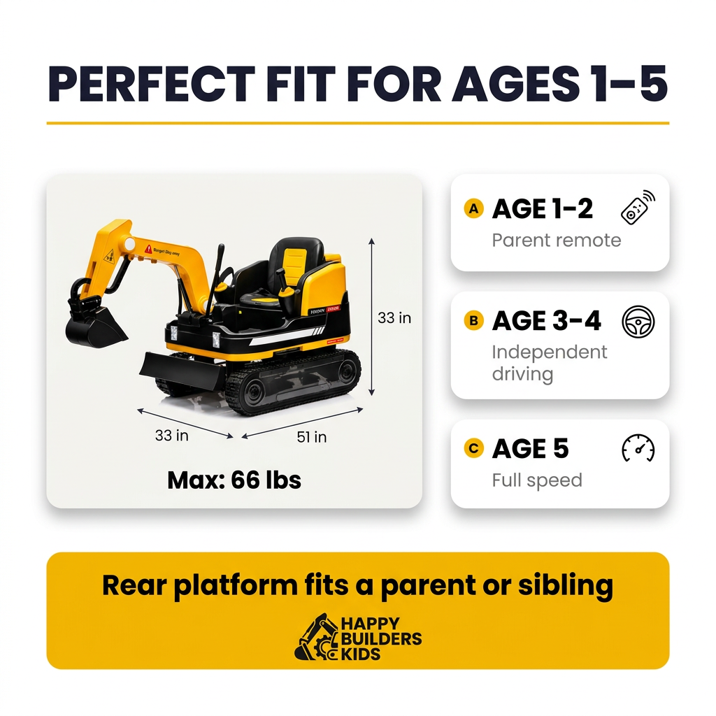 Kids Ride-On Excavator — Real Tracks, 360° Rotation, Rear Passenger Platform