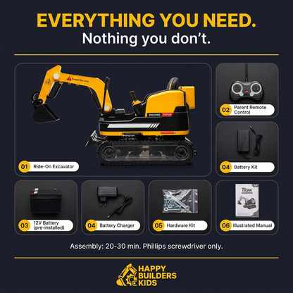 Kids Ride-On Excavator — Real Tracks, 360° Rotation, Rear Passenger Platform